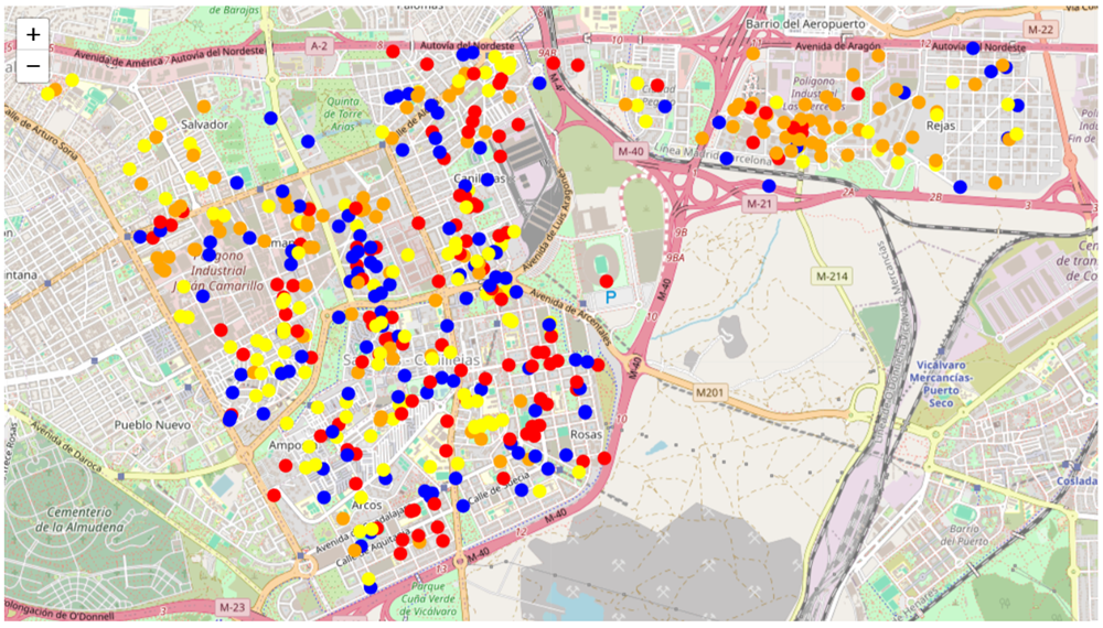 Exhibit 5: Rental price map in San Blas neighborhood. Red dots indicate properties with high rental prices.