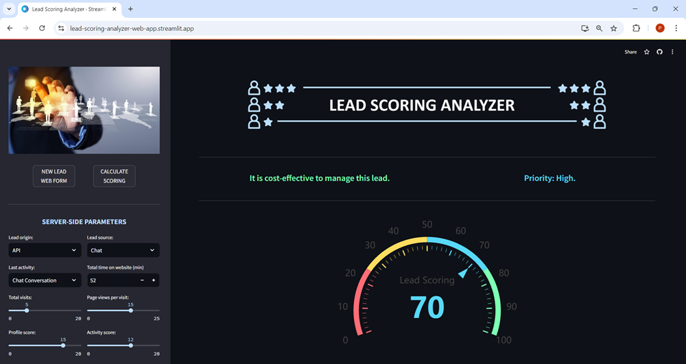 Lead scoring analyzer web app: Results.